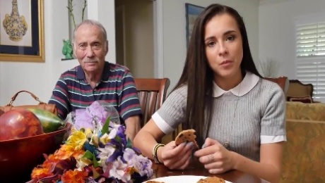 Rimmed teen beauty takes grandpa cum in mouth