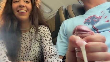 Risky public bus handjob with cum on russian babe's hand