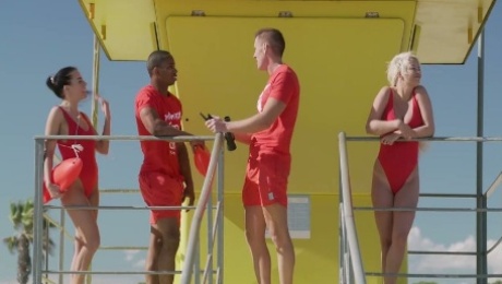 Baywatch babe Anita Bellini and her black fellow enjoy having dirty 3some sex on the beach