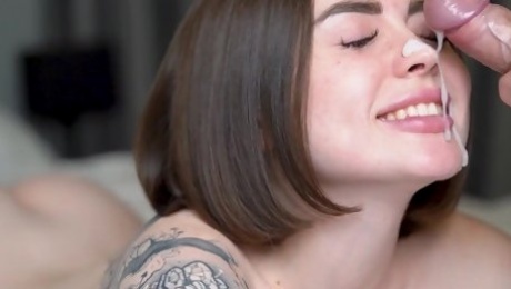 Sweet teen brunette with perfect tattooed body gives a nice head and then gets fucked